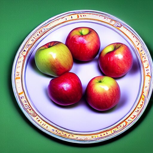 a wide angle side view realistic photo of only 3 apples on a colorful plate, award winning, food photography, by ansel adams 
