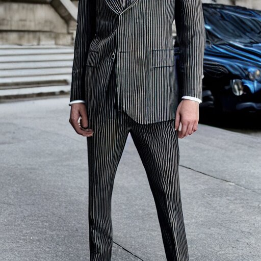 A ferret wearing a pinstripe Valentino suit, featuring notched lapels, a button fastening, a broad welt chest pocket, flap pockets, long sleeves and button cuffs.