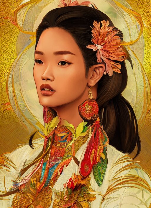 portrait of an indonesian supermodels wearing traditional costume, highly detailed, digital painting, artstation, concept art, sharp focus, illustration, art by kittichai rueangchaichan and james gurney and alphonse mucha 