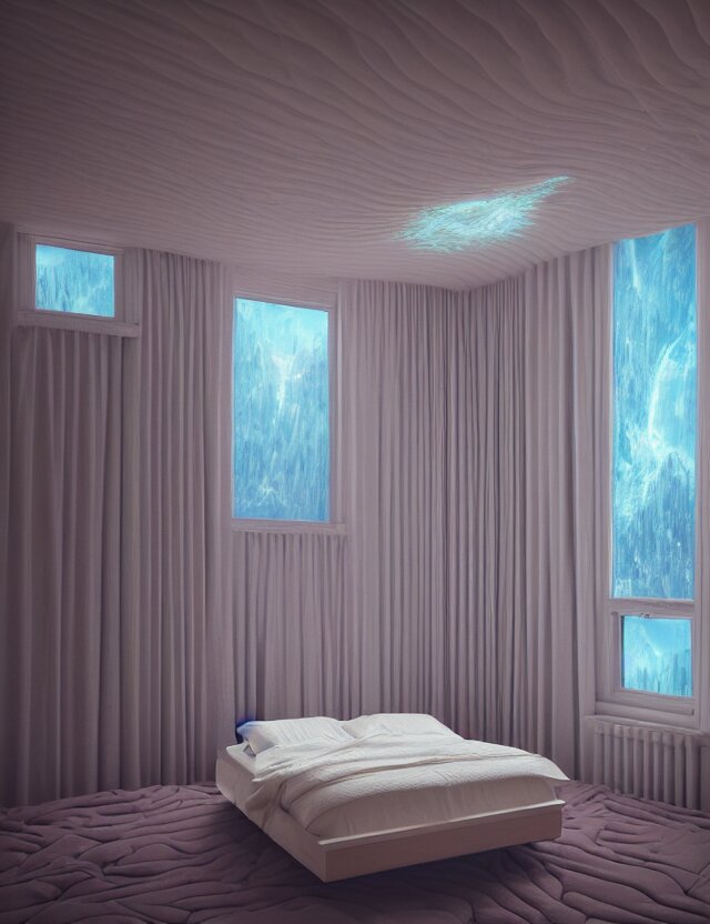 an ultra wide angle photo of a bed hovering above the floor in the middle of a giant bedroom with windows opening to other worlds by casey weldon and lee madgewick, photorealistic, octane render, recursive!!!!, flowing!!!!, cascading, multiverse!!!!, labyrinthine!!!! 