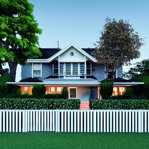 retrofuturist house, lawn, trees, white picket fence, realistc octane render, depth of field, soft lighting, 8k