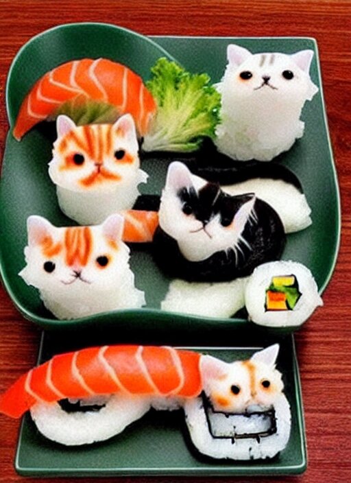 clear photorealistic picture of adorable cats made out of sushi 