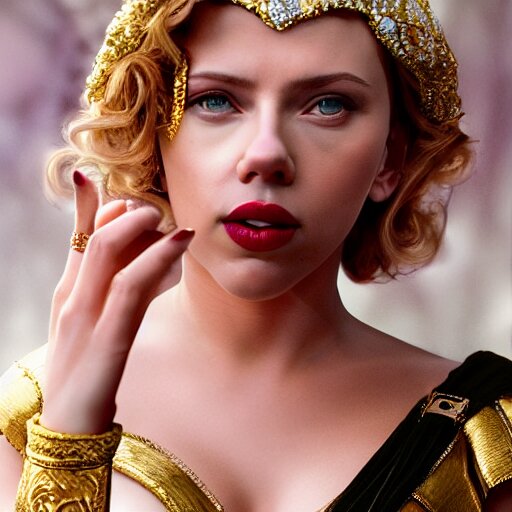 scarlett johansson dressed as a greek goddess in front of a ring of sapphire rose ring, ornate gold border, vignette, warm tri - color, subtle chromatic aberration, painted by francis goya 