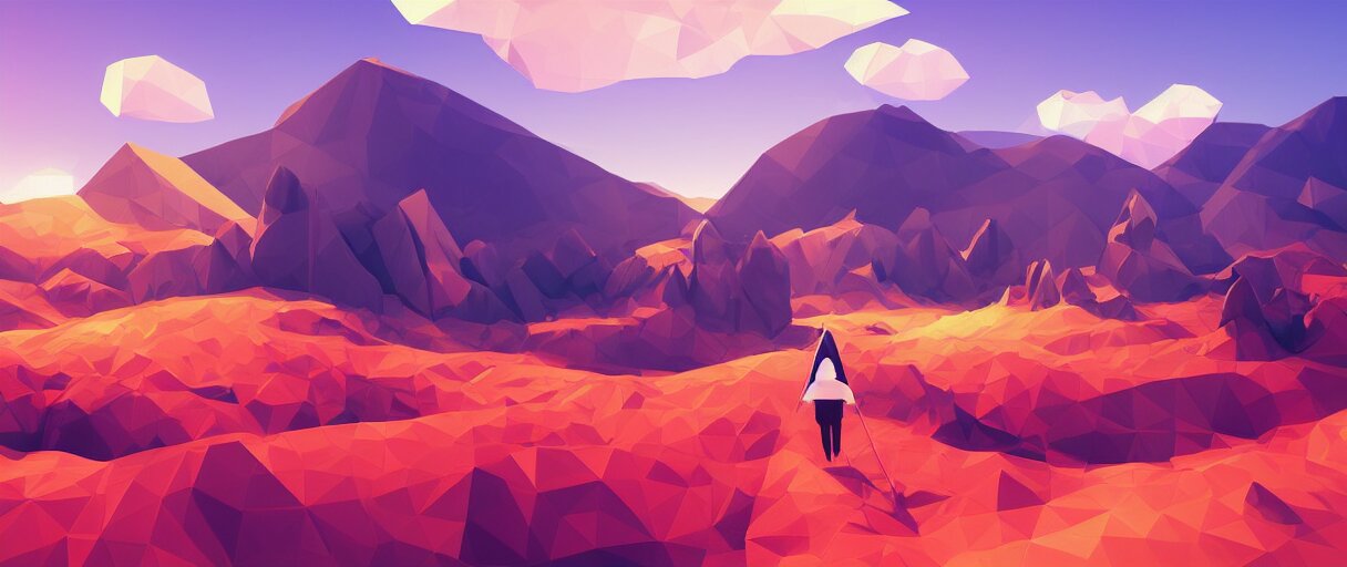 3 d render, mountain landscape, digital art, low poly art, minimalist, poppy, journey game, lowpoly landscape, particles floating, unreal engine, dreamy, brush strokes, bounce light, sunny, complementary palette, redsinski 