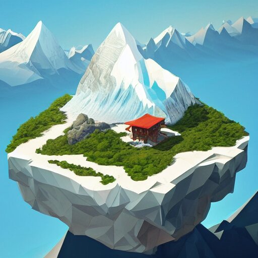 a beautiful floating island with everest landscape isometric art, low poly art, game art, artstation, 3D render, high detail, cgsociety, octane render, sharp focus