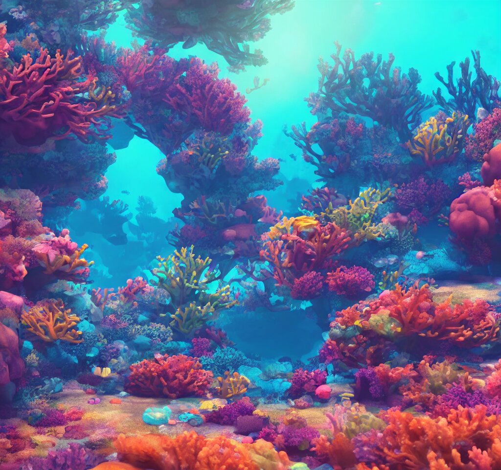 underwater neon coral reef landscape magical realism painting with sun rays coming from above, neon pastel colors, octane render, maya, cinema 4d