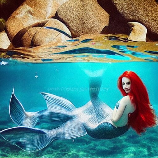 beautiful curvy perfect mermaid under the water with flowing tail swims peacefully under the ocean surface on a warm sun filled day, her red hair trails behind her floating in the water. natural beauty gorgeous stunning photo 