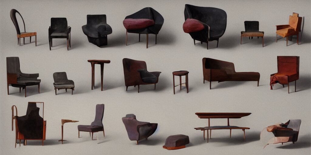 furniture designs in the style of modigliani, design sheet, Les Edwards, Zdzislaw Beksinski, Carl Gustav Carus, John Harris, Michal Karcz, Zhang Kechun, Mikko Lagerstedt, Scott Listfield, Steven Outram, Jessica Rossier.