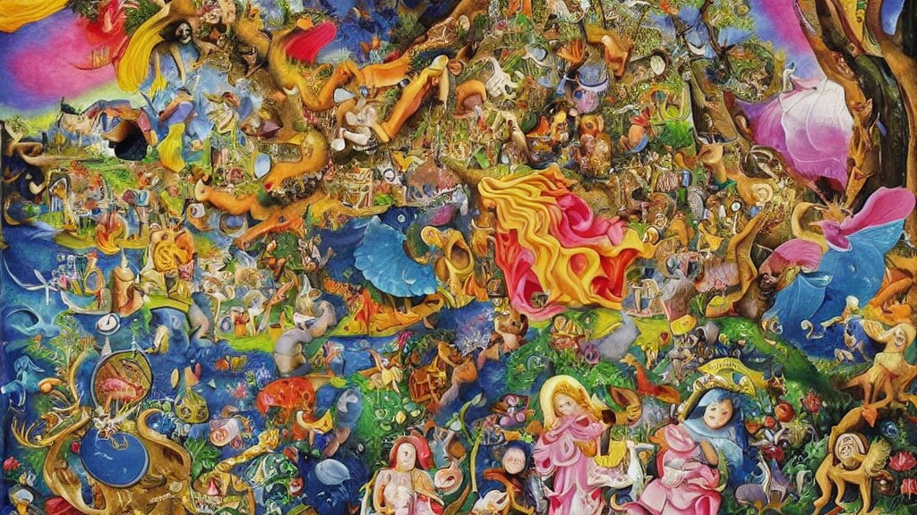 an incredibly detailed masterpiece collaborative painting by bosch and lisa frank, ornate, detailed, high resolution, wow!, intricate