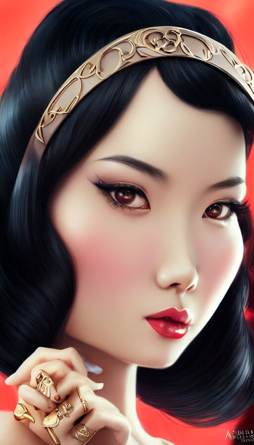 a pin up and beautiful fashion and charming and dreamlke asian girl with lv jewelry, medium shot, art by artgerm & ross tran & wlop, hyperdetailed, 8 k realistic, symmetrical, frostbite 3 engine, cryengine, dof, trending on artstation, digital art 