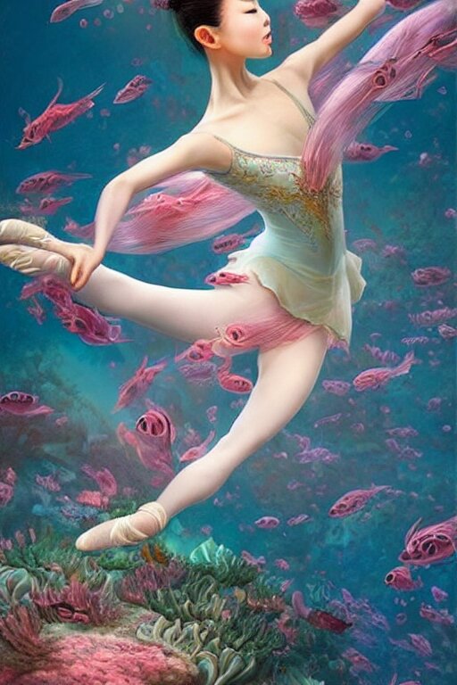 stunningly beautiful, asian prima ballerina at the bottom of the great barrier reef, smooth, focus, highly detailed, hyper realistic, dramatic lighting, intricate, concept art, art by wlop, mars ravelo 