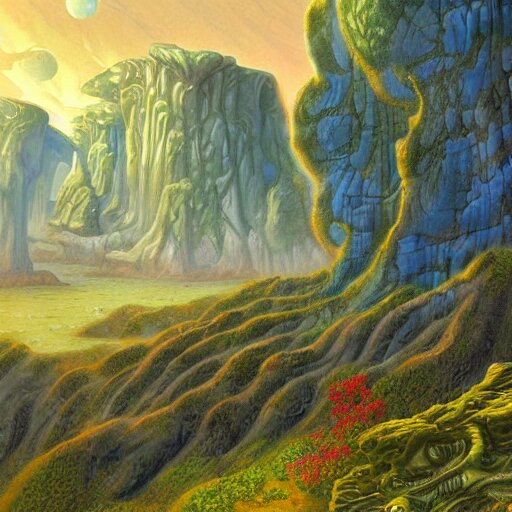 digital painting of a lush natural scene on an alien planet by gerald brom. digital render. detailed. beautiful landscape. colourful weird vegetation. cliffs and water. 