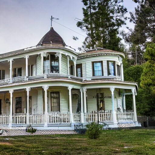 a victorian style 2 story house on top of a hill surrounded by an ocean full of sharks 