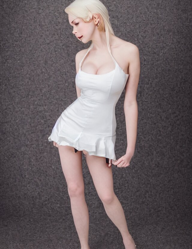 detailed studio photo of cute sexy emily skinner cosplaying annie leonhart wearing white dress, wearing open toe heels, pale skin, studio lighting, sharp focus, backlit, smooth, hard focus, full body shot, beautiful woman, most beautiful models, 4 k hdr, shot on nicon camera, beautiful soft skin, skin care, sony nicon iphone 1 3 pro max 