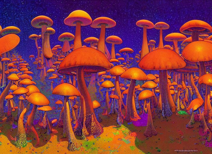 A psychedelic portrait of you are attacked by a group of crooked mushroom theurges , vibrant color scheme, highly detailed, in the style of romanticism, cinematic, artstation, Moebius, Greg rutkowski futurism, no blur, 4k resolution, sharp ages, ultra detailed, style of John Berkey, Norman Rockwell, Hans Thoma, Ivan Shishkin, Tyler Edlin, Thomas Kinkad