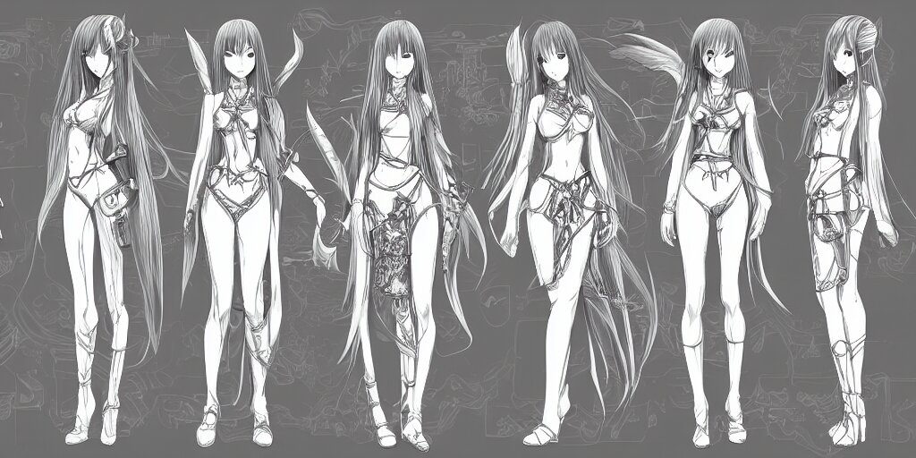 anime woman, long hair, fantasy theme, front side/back/view character sheet, three views, lineart, varying thickness, manga pen, traditional art, Indian ink, in the style of Final Fantasy IX, 3D modeling concept sheet, white background, orthographic view