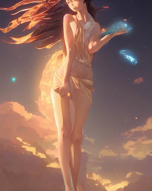 goddess pulling meteors from the sky, ambient lighting, full shot, detailed face, 3 d shading, by makoto shinkai, stanley artgerm lau, wlop, rossdraws 