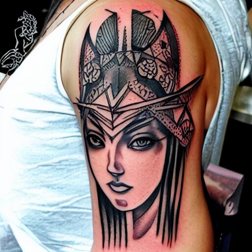 tattoo design, stencil, tattoo stencil, traditional, beautiful portrait of a warrior girl with a wolf headdress on surrounded by flowers, upper body, by artgerm, artgerm, artgerm, digital art, cat girl, anime eyes, anime, sexy-s 100