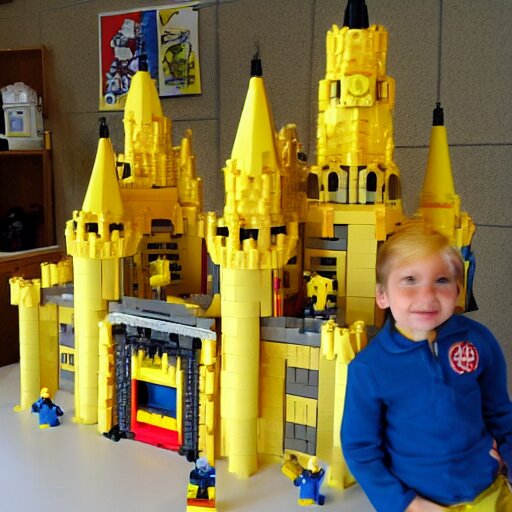 a huge yellow castle made out of lego, 90,