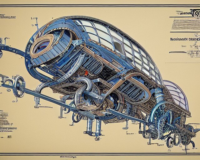 a full page of a mechanical blueprint showing a cutaway design for a mechanized brontosaurus from howl's moving castle ( 2 0 0 4 ), with people inside piloting it, muted colors, post grunge, studio ghibli, hq, 