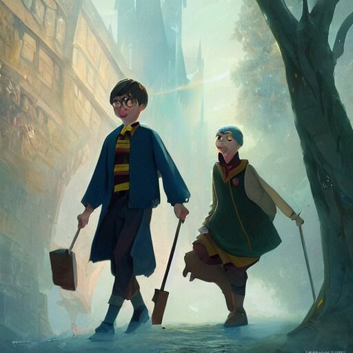 a wholesome animation key shot of harry potter students, fantasy, colorful, pixar and disney animation, sharp, very detailed, high resolution, key art by greg rutkowski, bloom, dramatic lighting 