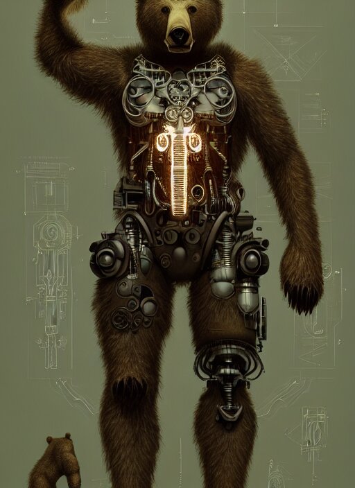 organic cyborg bear, full body, diffuse lighting, fantasy, intricate, elegant, highly detailed, lifelike, photorealistic, digital painting, artstation, illustration, concept art, smooth, sharp focus, art by John Collier and Albert Aublet and Krenz Cushart and Artem Demura and Alphonse Mucha