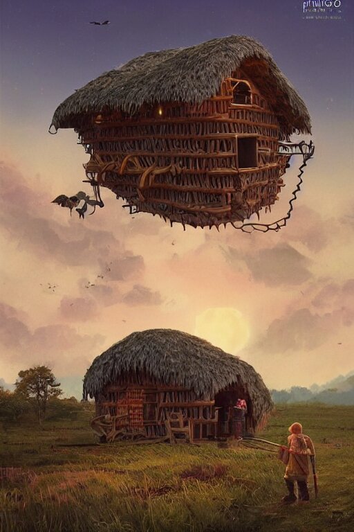 an awesome twilight day concept art of giant hen mixed with old hut, by kengo kuma and wes anderson with village, mixed development, cgsociety, fantastic realism, artstation hq 