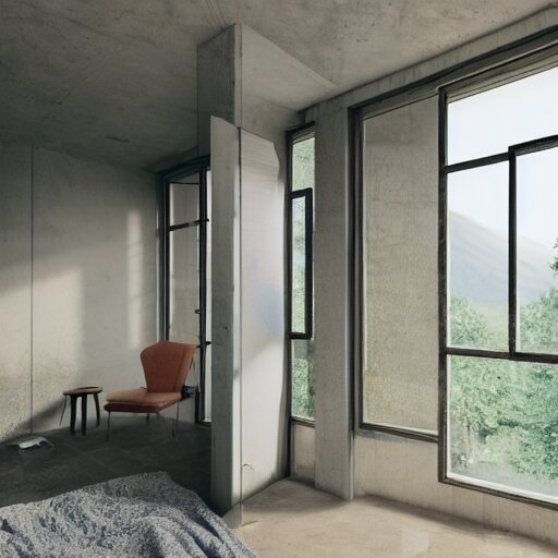 interior of brutalist style housing unit, neoplastic paintings as walls, an old person looking the forest landscape through a tall window, very detailed, octane render, hyperrealistic picture