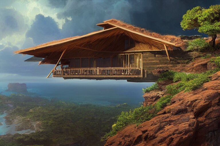 lovely a - frame home sits atop a broad cliff, overlooking the entirety of the blue sky, digital painting by greg rutkowski and gaston bussiere, zbrush, cgsociety contest winner, comprehensive art, intricate, landscape photography, brightly radiant atmosphere, overcast sky, homogeneous to hawaii, 4 k, 8 k 