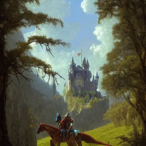 beautiful matte art of a big castle in a serene landscape, a knight riding a dragon, by albert bierstadt, green grass, highly detailed, crystal lighting, mystical, forest, hyperrealistic, 4 k, unreal engine, magical, by joe fenton, by greg rutkowski, by greg tocchini, by kaws, by kate beaton, by kaethe butcher 