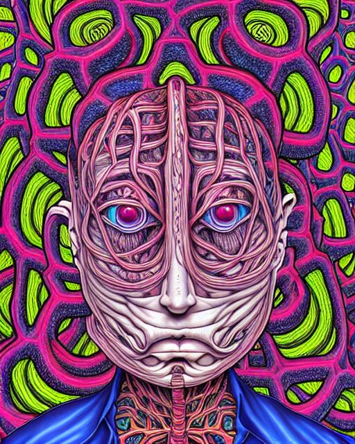 human body breaking away, conjuring psychedelic illustration, part by shintaro kago, part by alex gray, ultra realistic, highly detailed, 8 k, symmetry, fractals, grotesque, vibrant 