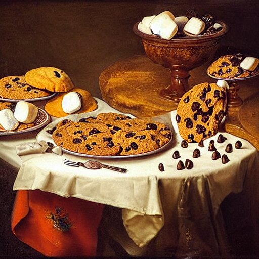 opulent banquet of plates of freshly baked chocolate chip cookies, jelly beans, chocolate sauce, marshmallows, highly detailed, food photography, art by rembrandt 