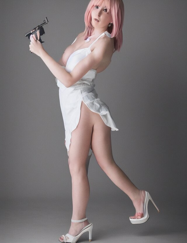 detailed studio photo of cute sexy emily skinner cosplaying annie leonhart wearing white dress, wearing open toe heels, pale skin, studio lighting, sharp focus, backlit, smooth, hard focus, full body shot, beautiful woman, most beautiful models, 4 k hdr, shot on nicon camera, beautiful soft skin, skin care, sony nicon iphone 1 3 pro max 