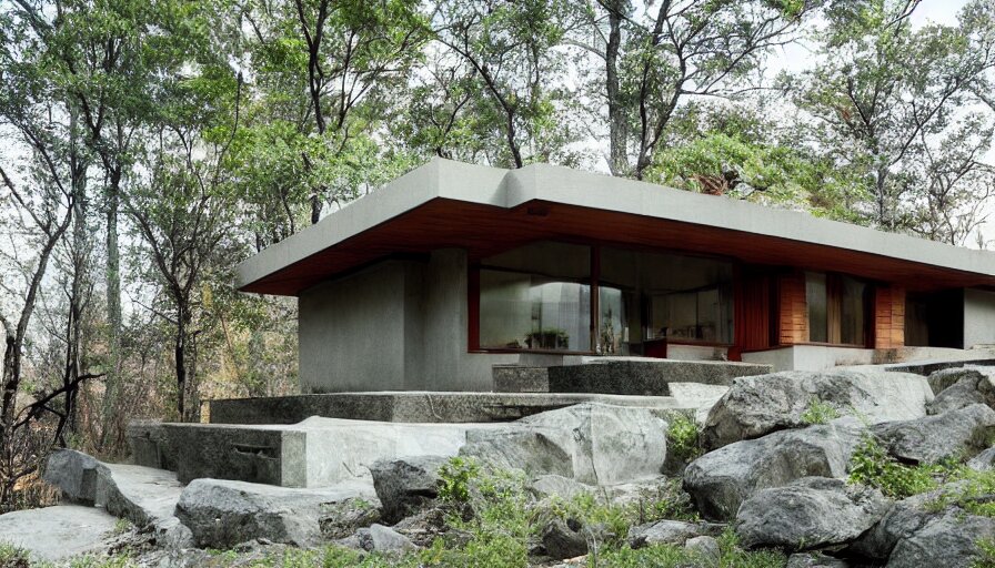 small modern house, tibetan inspired architecture, on a green hill between trees and big boulders, frank lloyd wright, photorealistic, cyberpunk 