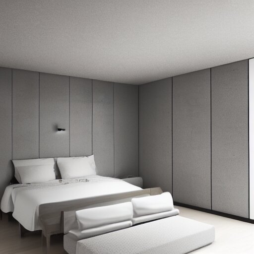 symmetry, parallax mapping of brutalist bedroom, minimalist architecture, minimalist furniture, octane render, high quality 