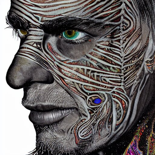 dark portrait of one Bioluminescent old shaman, with cracked reaction diffusion semi-transparent skin. multicolored fish scales, closeup. long dark hair with insects. realistic. intricate, very detailed, by alex grey and Moebius