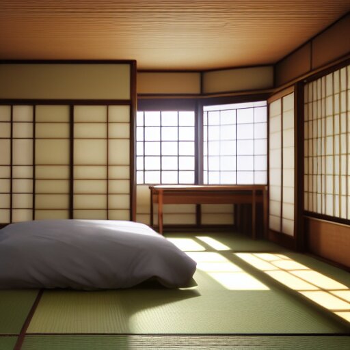 still photo of a japanese guest room, highly detailed, photorealistic portrait, bright studio setting, studio lighting, crisp quality and light reflections, unreal engine 5 quality render 