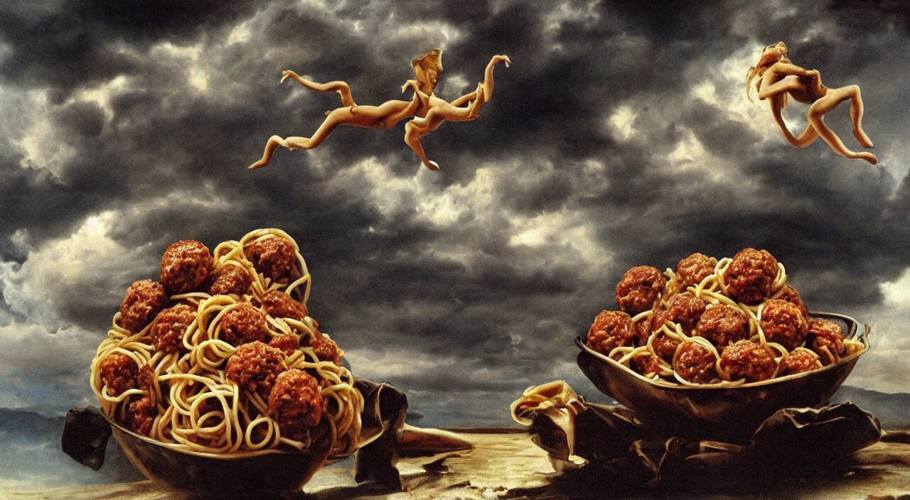 spaghetti bolognesa with meatballs and hundred rusted perfect woman bodies flying in stormy clouds by dali, hyper - realism 