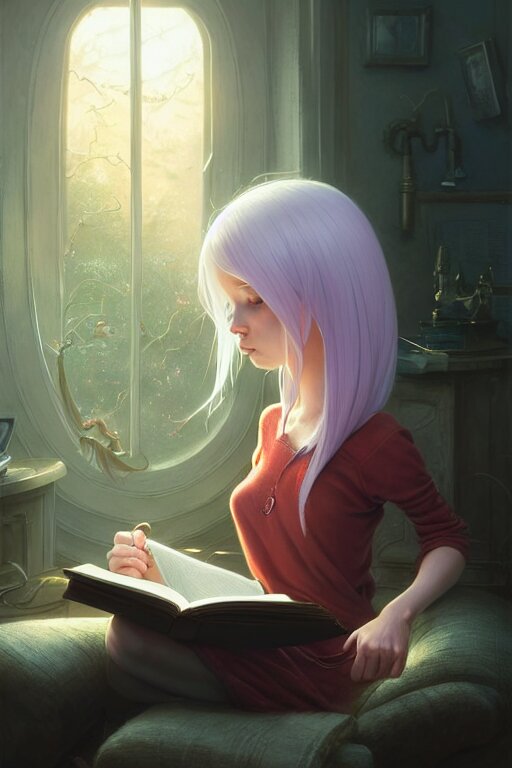 highly detailed portrait of beautiful girl reading a book, hair flowing down, in pixar inside out, dynamic pose, stephen bliss, unreal engine, fantasy art by greg rutkowski, loish, rhads, ferdinand knab, makoto shinkai and lois van baarle, ilya kuvshinov, rossdraws, tom bagshaw, global illumination, radiant light, detailed and intricate environment 