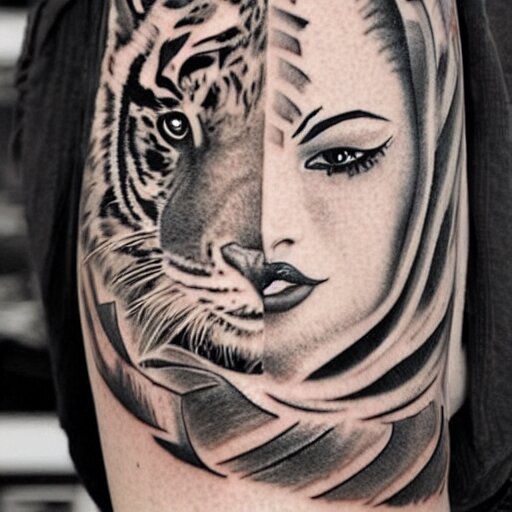 tattoo design of a beautiful girl face, the girl is wearing a tiger head hat, hyper detailed, in the design of eliot kohek 