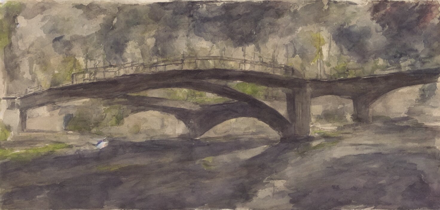 bridge over a river , angular, splotches, soft outlines, high contrast, muted colours