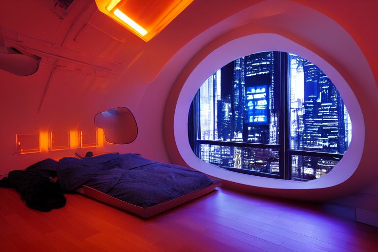 a futuristic bedroom with large curved ceiling high windows looking out to a far future cyberpunk cityscape, cyberpunk neon lights, raining, scifi