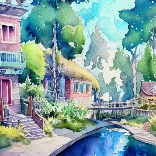 Beautiful happy picturesque charming sci-fi town in harmony with nature. Beautiful light. Water and plants. Nice colour scheme, soft warm colour. Beautiful detailed artistic watercolor by Olivia. (2022)