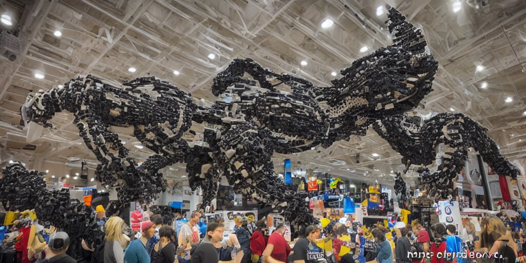 wide shot lens photo of a very intricately detailed and epically shaped 3. 5 meter long tifa lockhart lego sculpture designed by a master builder as displayed at a lego convention, low angle shot. 