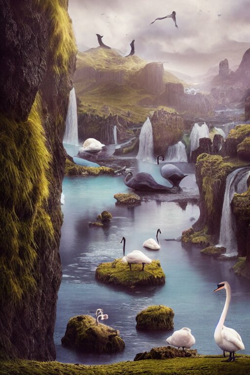 beautiful bjork with swans in iceland by hubert robert and lee madgwick and roger dean and jacek yerka, dan mumford and alex grey style, soft lighting, 4 k hd wallpaper illustration concept joy atmospheric lighting 