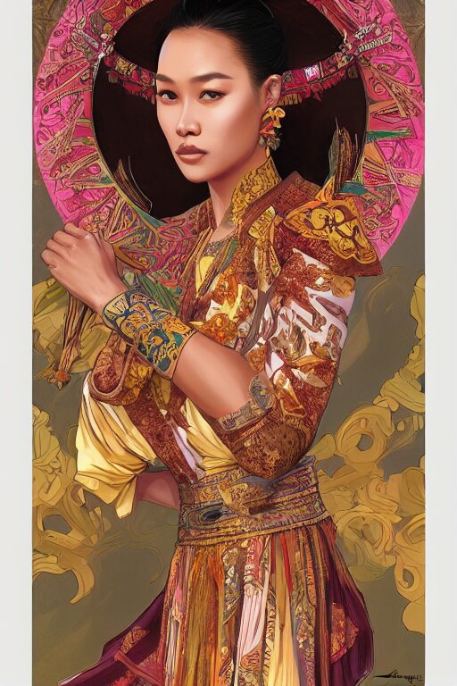 portrait of a beautiful indonesian supermodels wearing traditional costume, highly detailed, digital painting, artstation, concept art, sharp focus, illustration, art by kittichai rueangchaichan and james gurney and alphonse mucha 