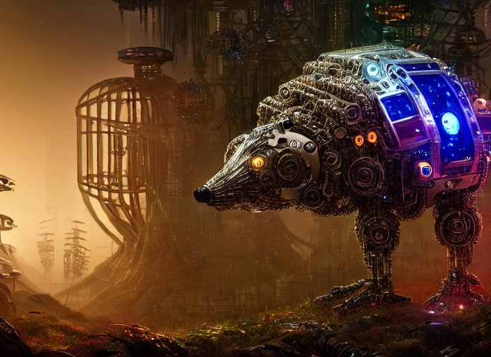  giant intricate mechanical hedgehog with cybernetic enhancements and visible gears and fiber optics, on the background of a weird magical mechanical forest. Very detailed 8k. Fantasy cyberpunk horror. Sharp. Cinematic post-processing. Unreal engine. Nanite. Ray tracing. Parallax. Tessellation