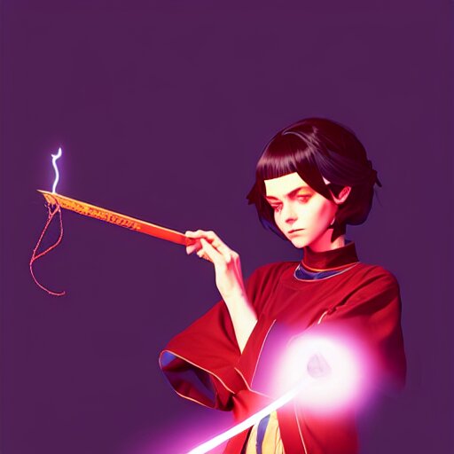 a woman holding a magic wand casting a spell, concept art by Ilya Kuvshinov, contest winner, fantasy art, official art, concept art, high detail, experimental, high quality, hyperrealistic, 4k