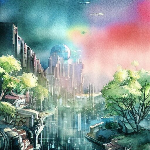 Beautiful happy picturesque charming sci-fi city in harmony with nature. Nature everywhere. Nice colour scheme, soft warm colour. Beautiful detailed watercolor by Lurid. (2022)