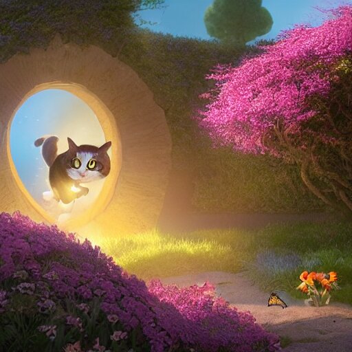 a wholesome cottagecore illustration of a cat chasing a butterfly through a portal to the 4th dimension, Pixar and Disney animation, sharp, Rendered in Redshift and Unreal Engine 5 by Greg Rutkowski, Bloom, dramatic lighting